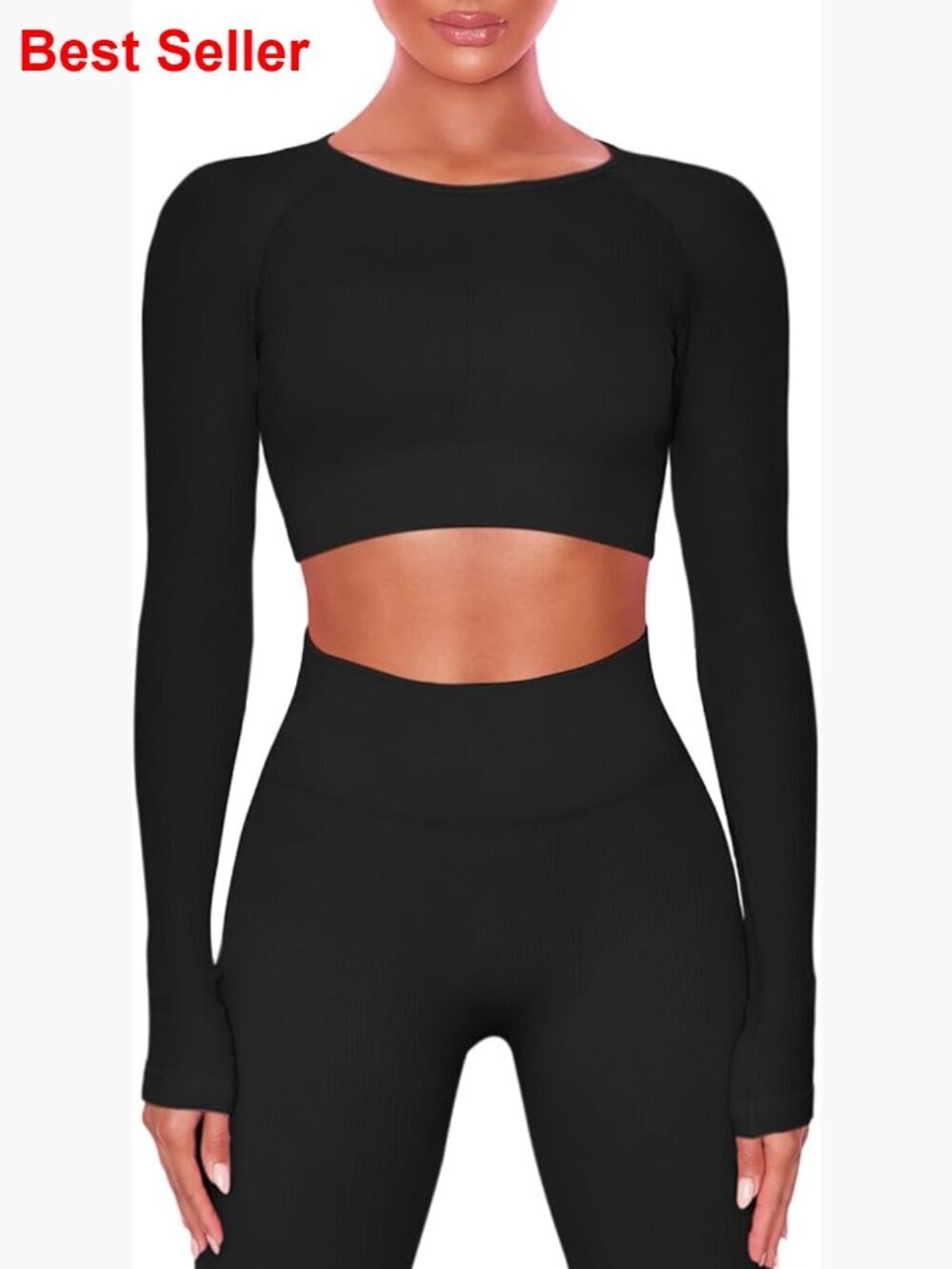 Seamless Ribbed Crop Top High Waist Leggings Workout Set 2 Piece
